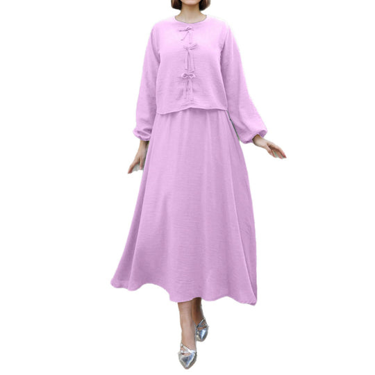 Damen Langes Zweiteiliges Maxikleid mit Überwurf, Rundhals und Zierknoten Shop Nory