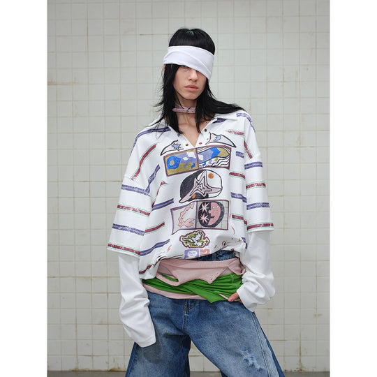 Damen Waffel-Polo-Shirt mit Grafik-Print, Streifen und halber Druckknopfleiste Shop Nory