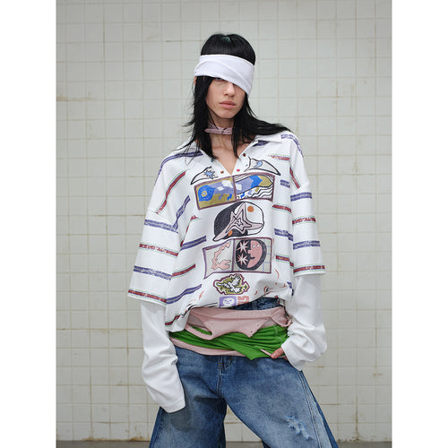 Damen Waffel-Polo-Shirt mit Grafik-Print, Streifen und halber Druckknopfleiste Shop Nory