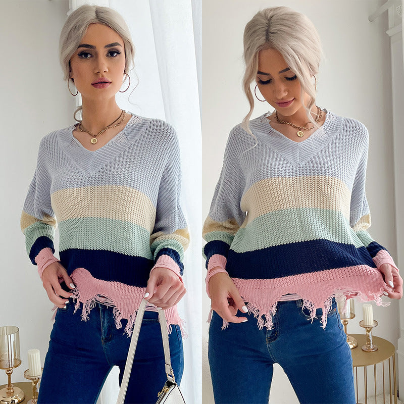 Damen Oversize V-Ausschnitt Strickpullover mit Streifendessin und ausgefranstem Saum Shop Nory