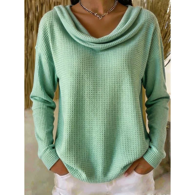 Damen Lässiger Waffelstrick-Pullover mit weitem Wasserfallkragen und gerundetem Saum Shop Nory
