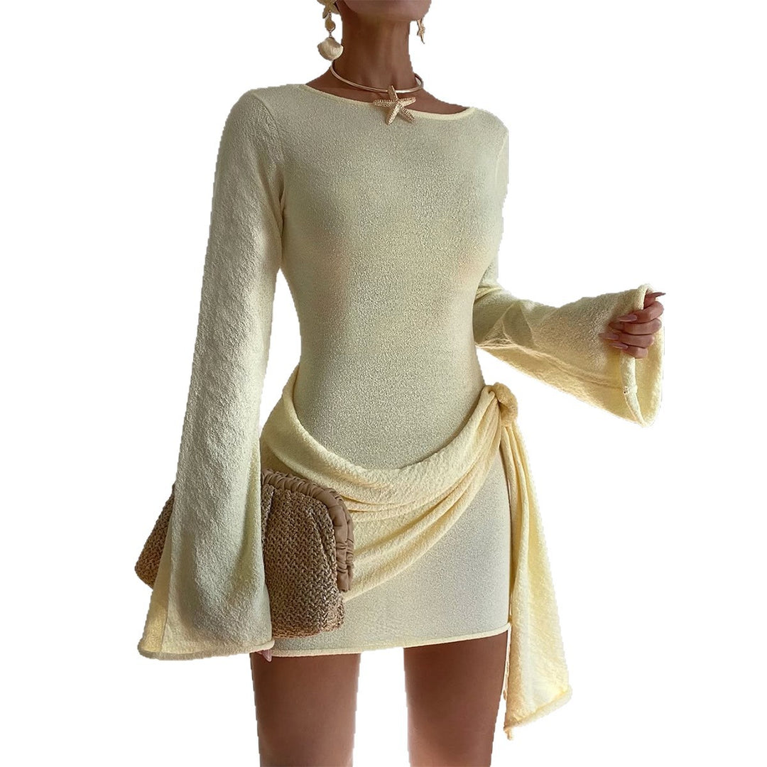 Damen nan elegantes Terry-Minikleid mit taillierter Silhouette, langen Ärmeln und seitlicher Drapé-Schleife Shop Nory