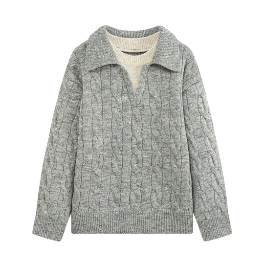 Damen Grobgestrickter Zopfmuster-Pullover mit offenem Polokragen und V‑Ausschnitt Shop Nory