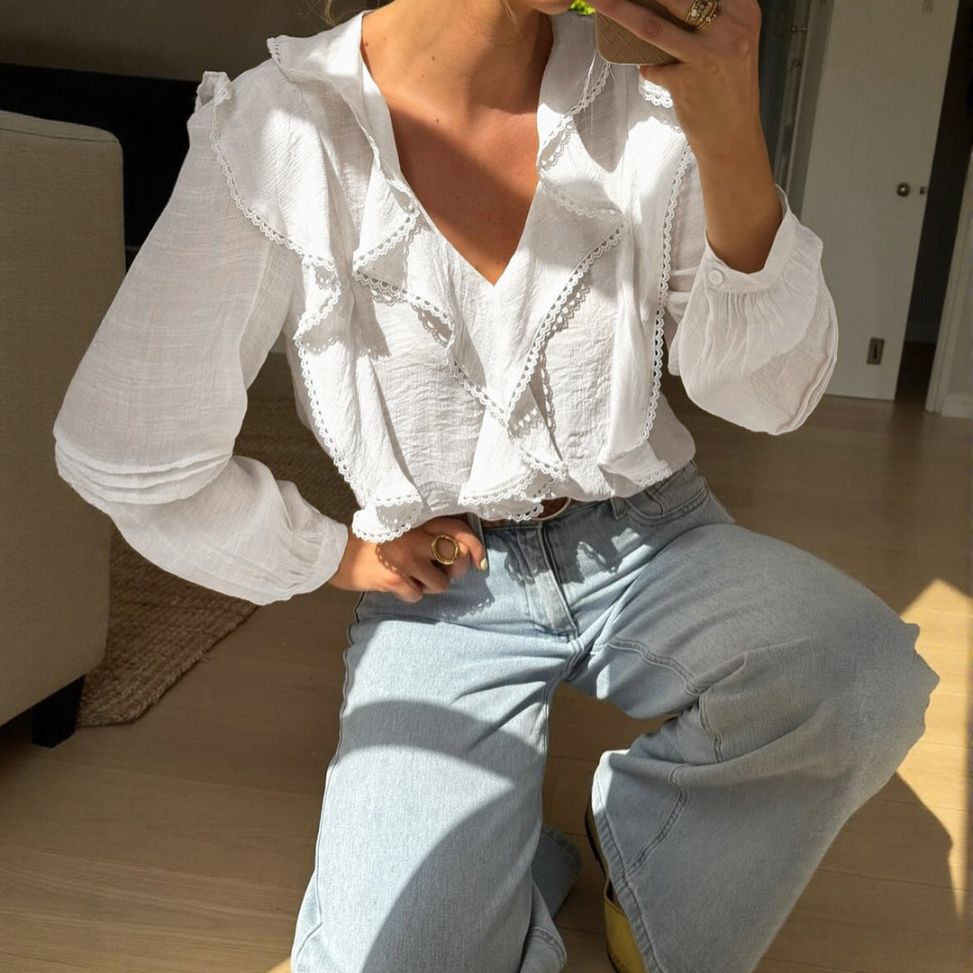 Damen Leichte V-Ausschnitt-Bluse mit Volantfront, Lochstickerei und Ballonärmeln Shop Nory