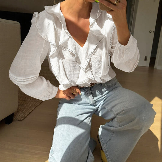 Damen Leichte V-Ausschnitt-Bluse mit Volantfront, Lochstickerei und Ballonärmeln Shop Nory