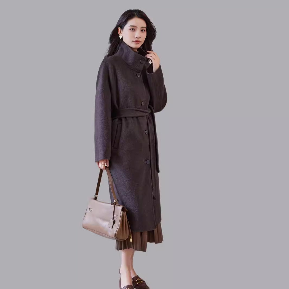 Damen Oversize Wollmantel mit Stehkragen und Taillengürtel Shop Nory