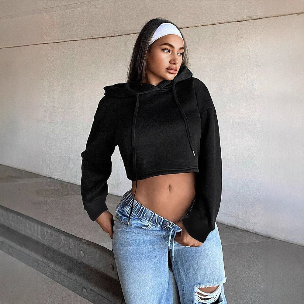 Damen kurzes Kapuzen-Sweatshirt Cropped-Hoodie mit Kordelzug gerippten Bündchen und lässiger Oversize-Passform Shop Nory
