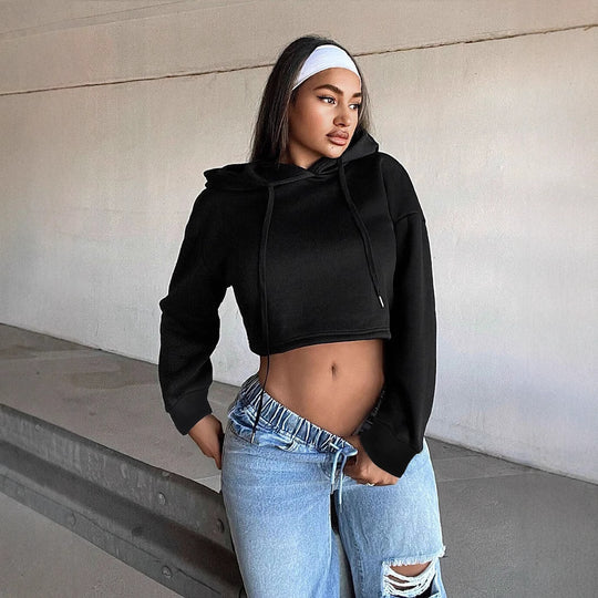 Damen kurzes Kapuzen-Sweatshirt Cropped-Hoodie mit Kordelzug gerippten Bündchen und lässiger Oversize-Passform Shop Nory