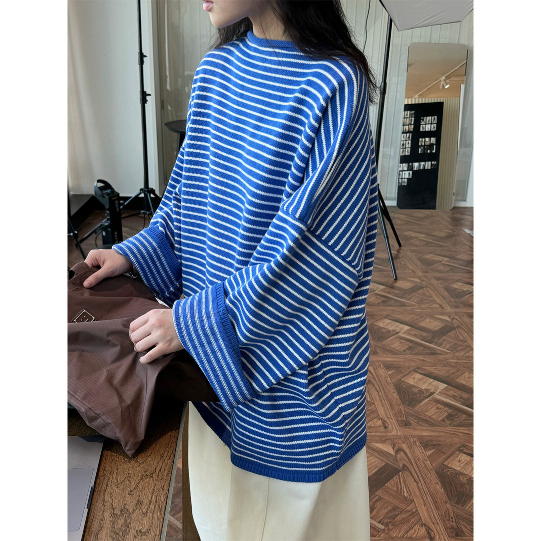 Damen gestreifter Oversize-Strickpullover mit kurzem Stehkragen Shop Nory