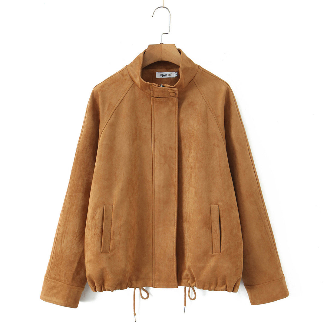 Damen Kurzjacke aus Wildleder mit Stehkragen, verdecktem Reißverschluss und Tunnelzug Shop Nory