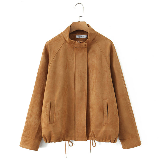 Damen Kurzjacke aus Wildleder mit Stehkragen, verdecktem Reißverschluss und Tunnelzug Shop Nory