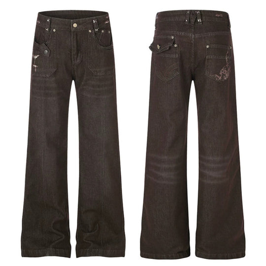Damen Weite High‑Waist Denimhose mit geradem Bein und Utility‑Pattentaschen Shop Nory