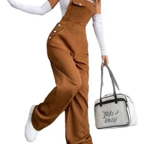 Damen lässige hochgeschnittene Latzhose mit weitem Bein, Knopfdetails und Brusttasche Shop Nory