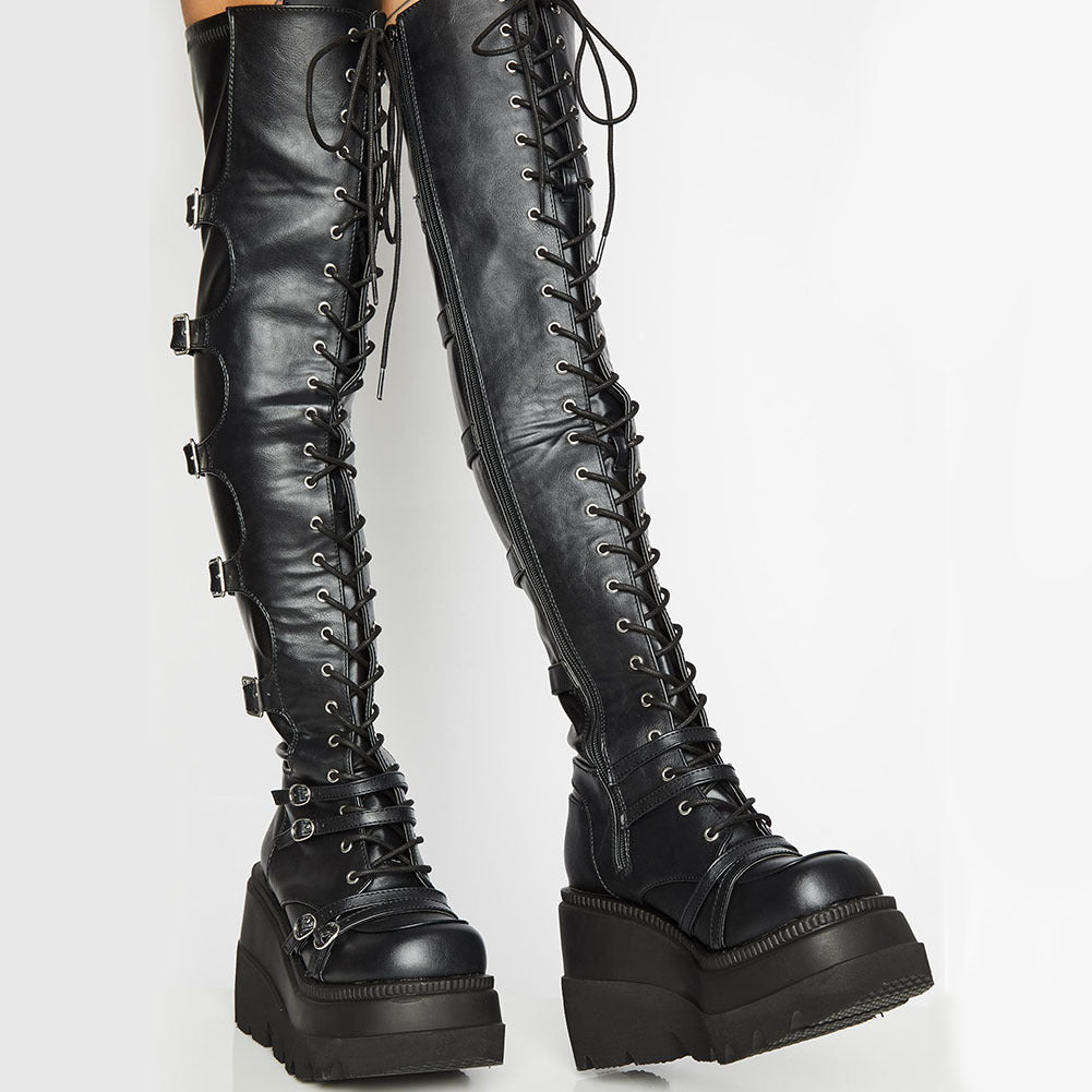 Damen Hochformatige Plateau-Stiefel mit modischem Reißverschluss und Schnür-Design