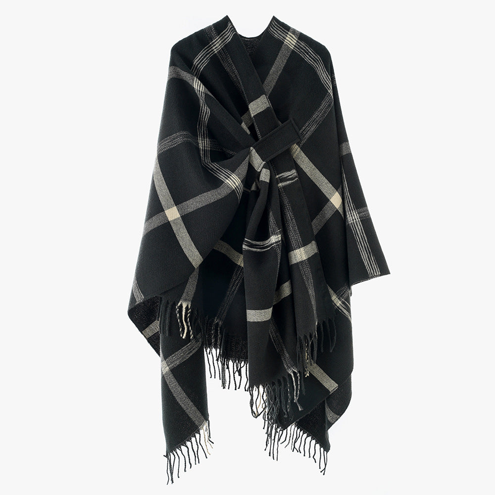 Damen Cape‑Poncho mit integriertem Bindegürtel, kastiger Oversize‑Silhouette und Fransensaum Shop Nory