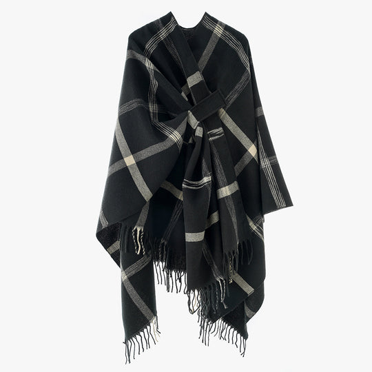 Damen Oversize-Capeponcho aus Wollmix mit Bindegürtel, Fransen und großem Karomuster Shop Nory