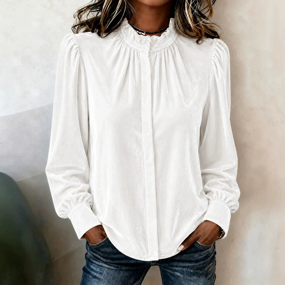Damen Samtbluse mit Rüschen-Stehkragen, verdeckter Knopfleiste und gerafften Ballonärmeln Shop Nory