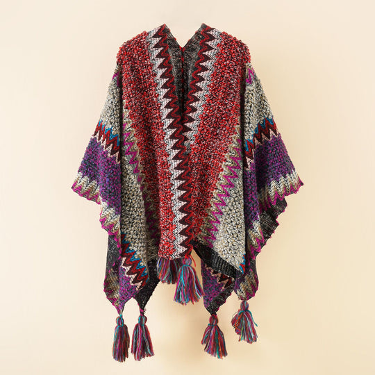 Damen Kurzponcho aus Bouclé-Strick mit Zickzack-Jacquard und Quasten Shop Nory