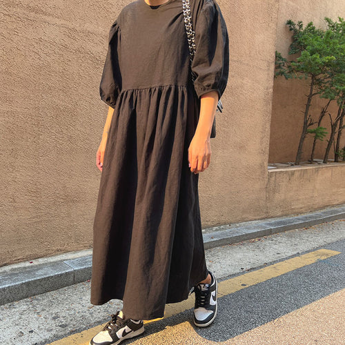 Damen Fließendes Maxikleid aus Leinenmix mit geraffter Taillennaht und Ballonärmeln Shop Nory