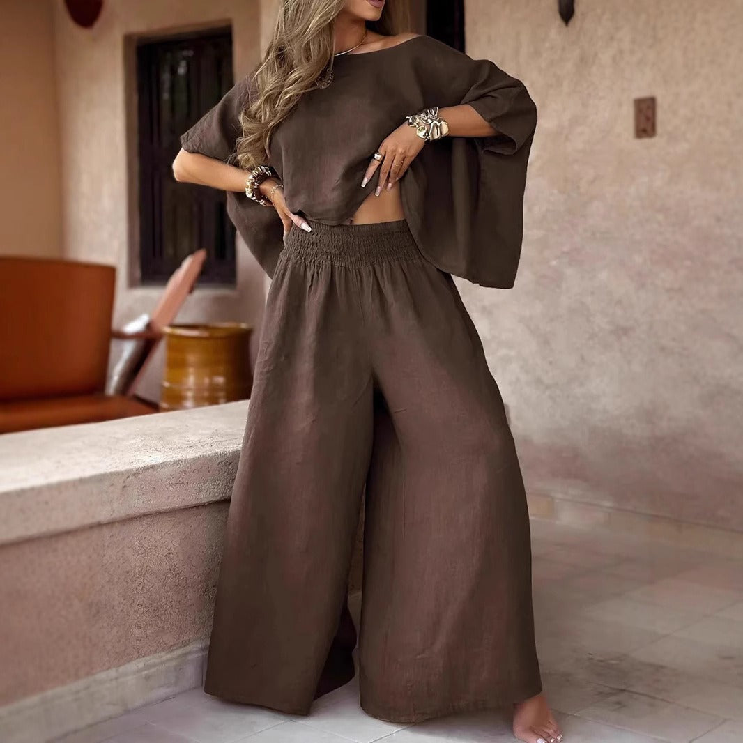 Damen Leinen-Set mit Cropped Oversize-Top und hohem elastischem Bund Palazzohose Shop Nory