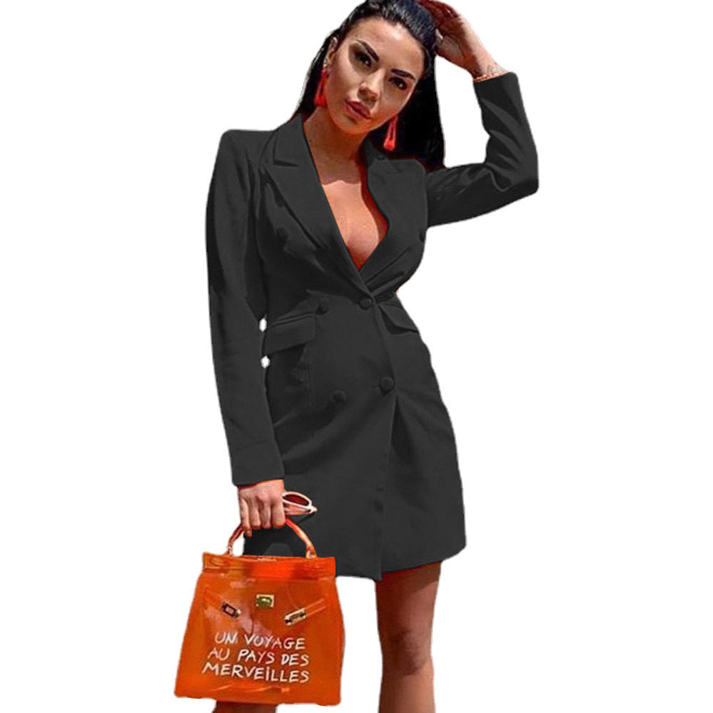 Damen Figurbetontes Blazerkleid im Doppelreihigen Stil mit Reverskragen und Pattentaschen Shop Nory