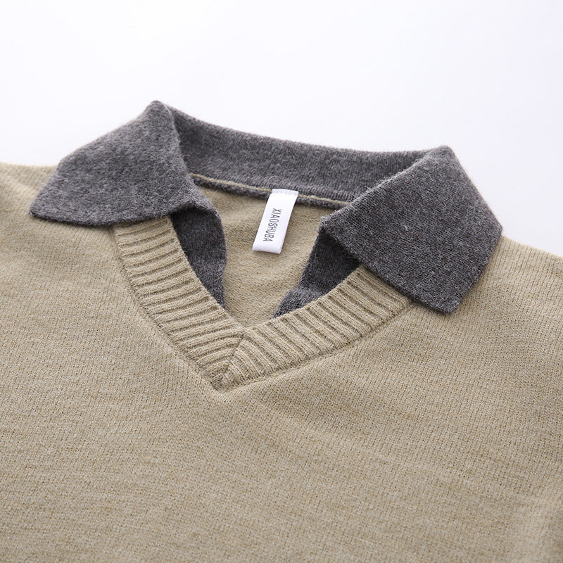 Unisex Lässiger Strukturstrick-Pullover mit offenem Polokragen und tiefem V-Ausschnitt Shop Nory