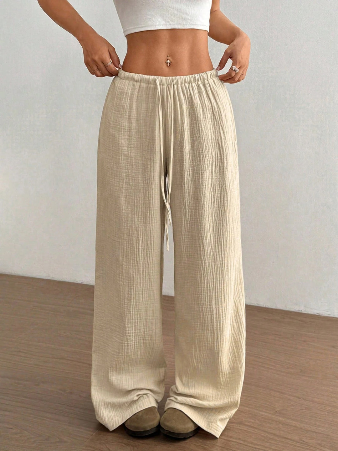 Damen Weite Baumwoll-Gauze-Hose mit hohem Bund, Gummizug und Kordelzug Shop Nory