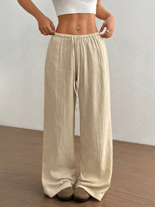 Damen Weite Baumwoll-Gauze-Hose mit hohem Bund, Gummizug und Kordelzug Shop Nory