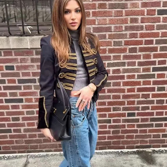 Damen Cropped-Militärjacke mit Zierkordel und Samtkragen Shop Nory