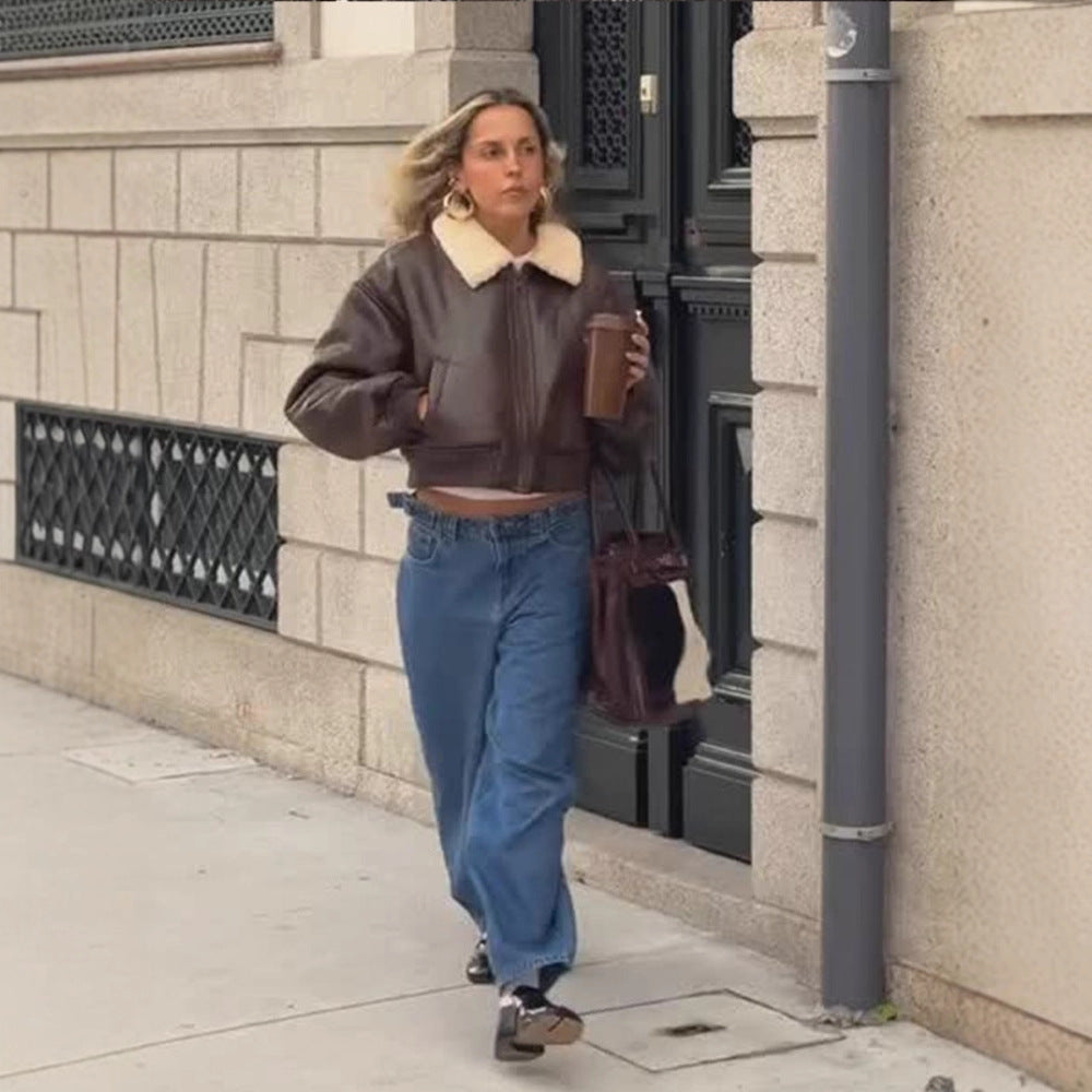 Damen Oversized Fliegerjacke im Biker-Bomber-Stil mit Teddykragen Shop Nory