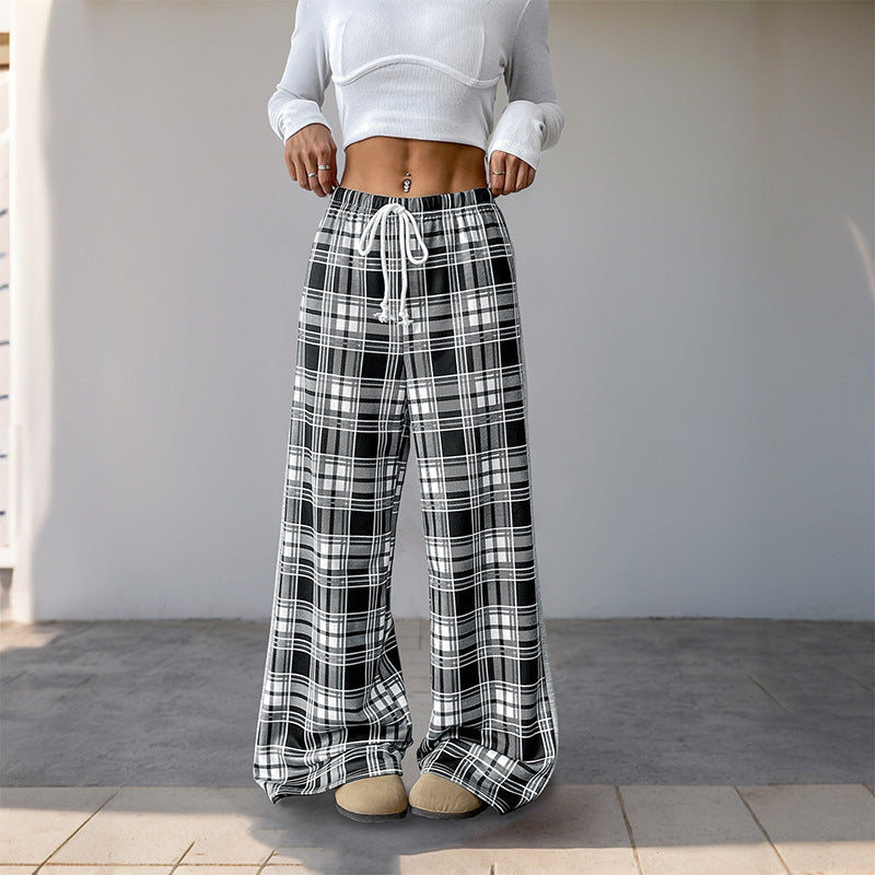 Damen Weite Lounge‑Hose im Karomuster mit elastischem Bund und Kontrast‑Seitpanel Shop Nory