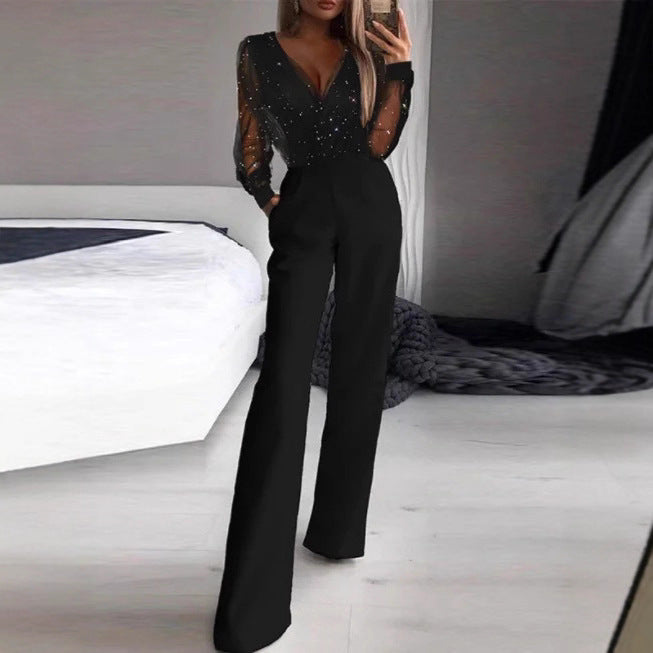 Damen Elegante Jumpsuit mit transparenter Bluse und schimmernden Akzenten