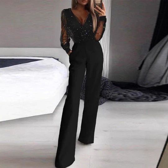 Damen Elegante Jumpsuit mit transparenter Bluse und schimmernden Akzenten