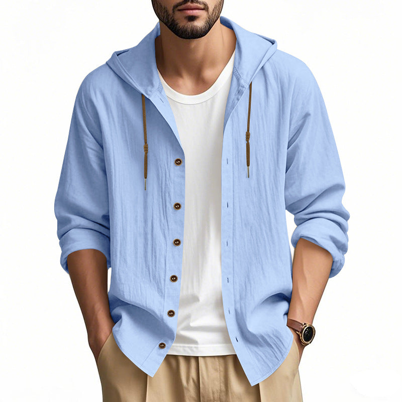 Herren nan leichtes Kapuzenhemdjacke aus Leinenoptik mit durchgehender Knopfleiste