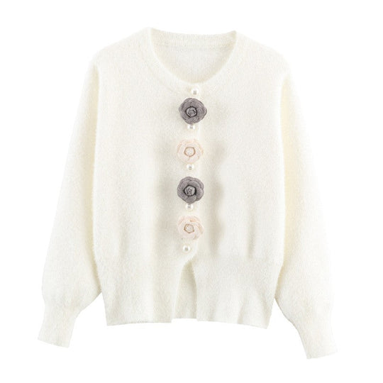 Damen stylische Strickjacke mit einzigartigen Blumenapplikationen