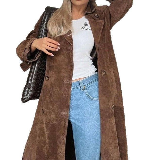 Damen Langer Veloursledermantel im minimalistischen Trench‑Look mit soften Revers Shop Nory