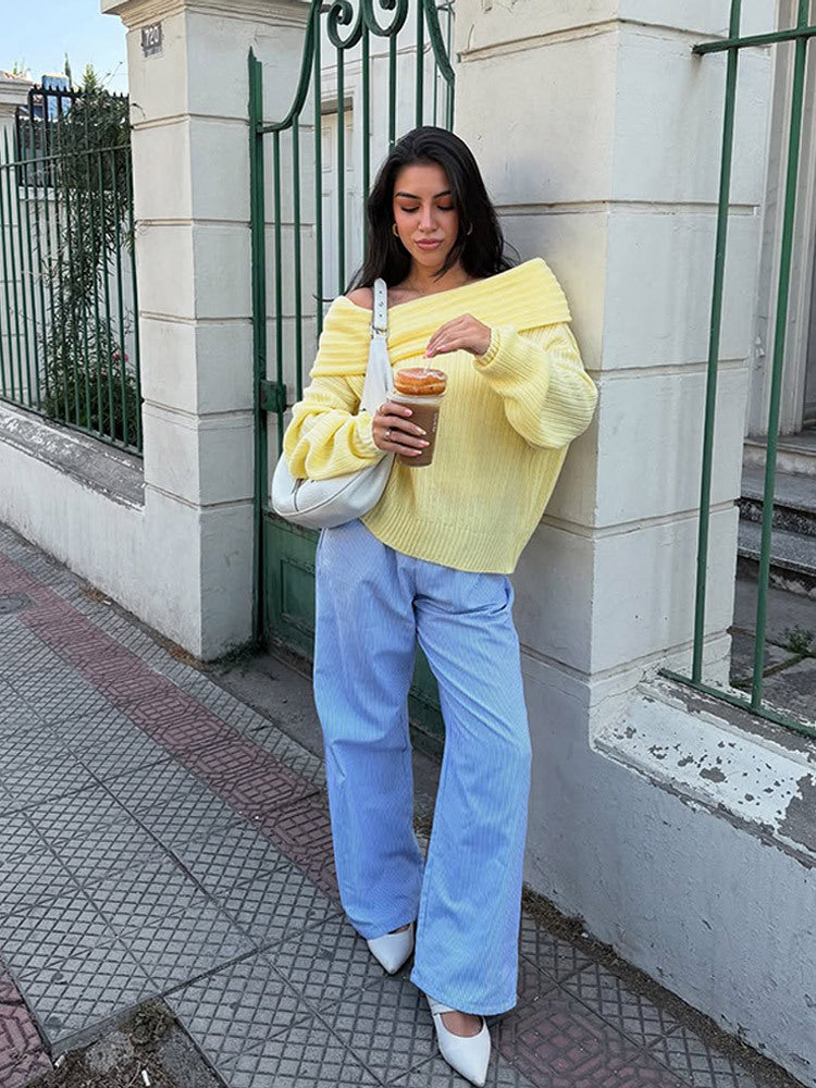 Damen Off-Shoulder Rippstrickpullover mit weitem Umschlagkragen Shop Nory