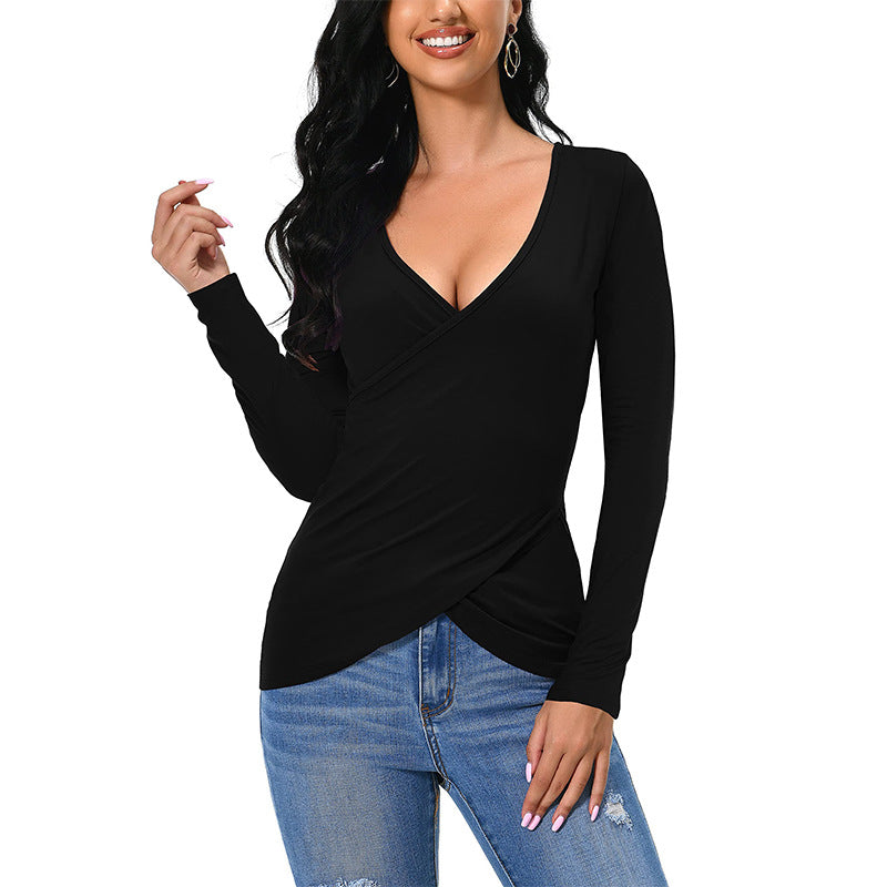 Damen figurbetontes Wickelshirt mit tiefem V‑Ausschnitt und überlappendem Saum Shop Nory