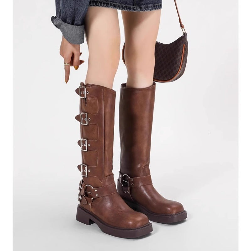 Damen Stiefel mit modischen Schnallen und robustem Blockabsatz