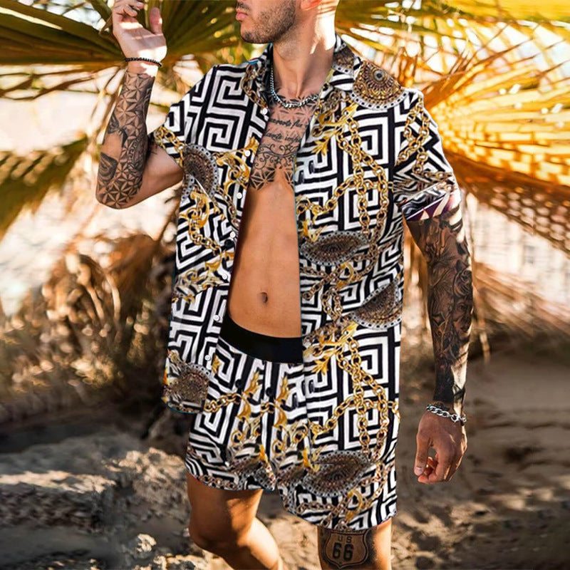 Herren nan barockgemustertes Kurzarm-Hemd mit passender locker geschnittener Shorts