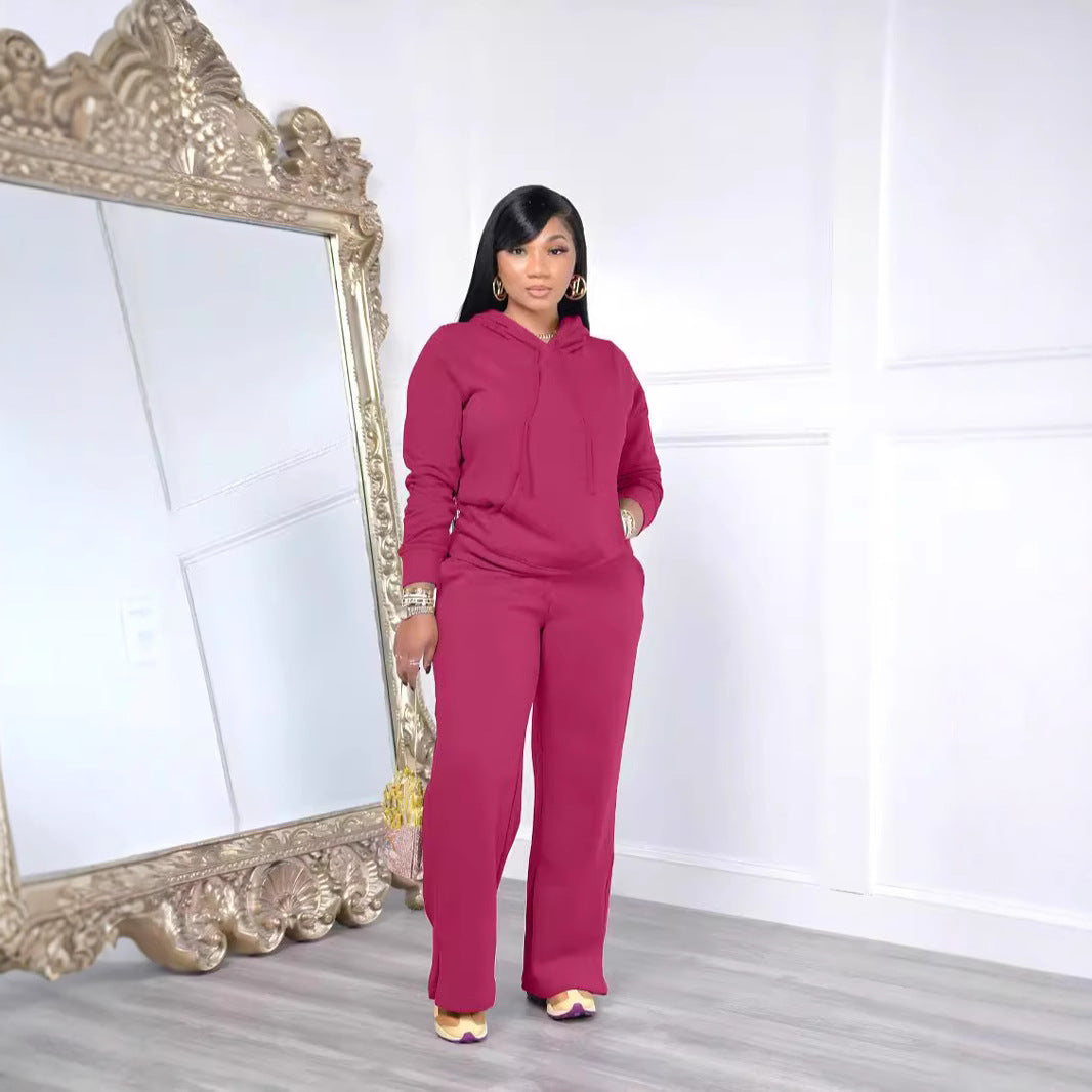 Damen nan Relax-Loungewear-Set mit weitem Highwaist-Palazzo-Jogger, Kapuzenpullover mit Kängurutasche und seitlichem Saumschlitz Shop Nory