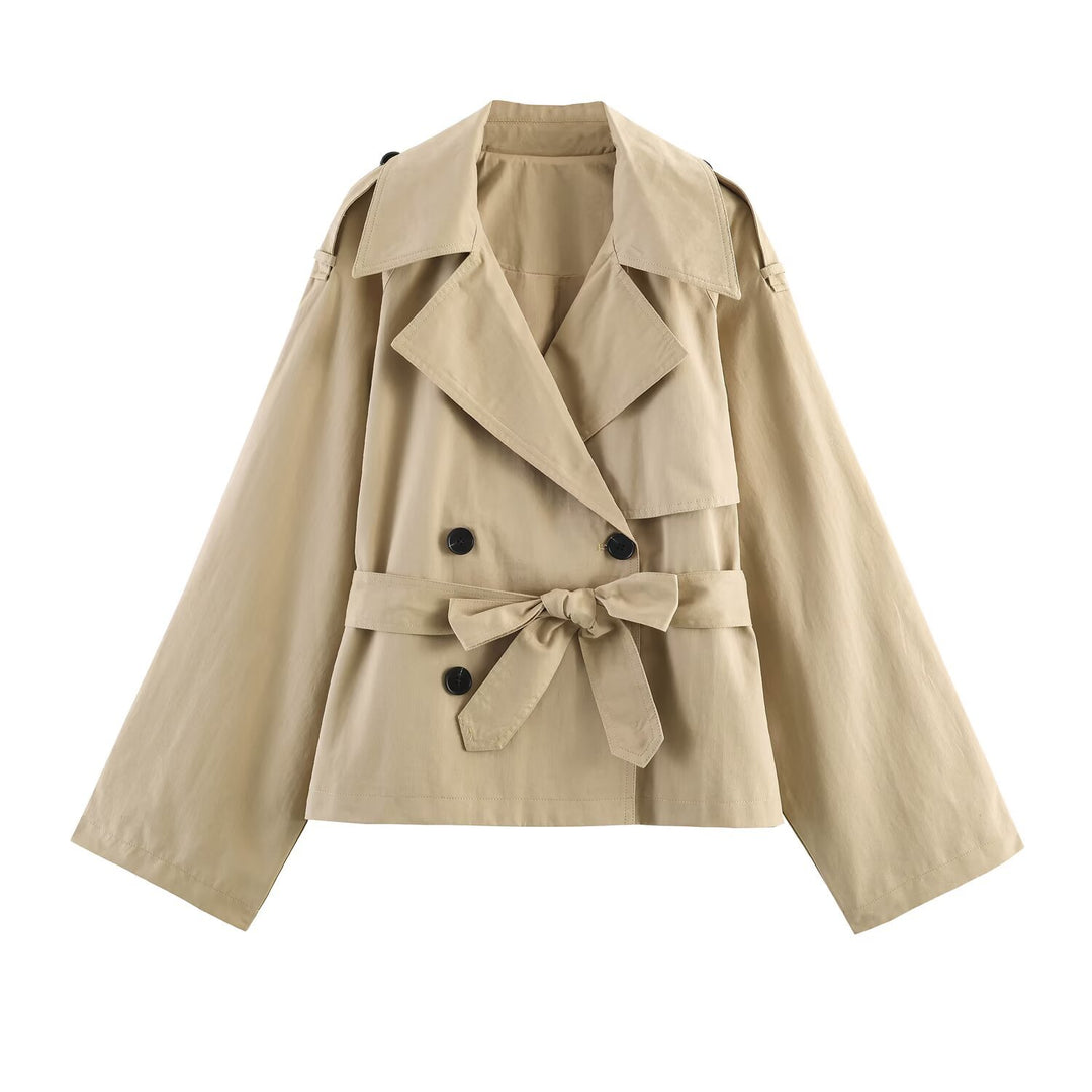 Damen Kurzcape-Trench mit doppelter Knopfreihe, weitem Cape-Ärmel und Taillenbindegürtel Shop Nory