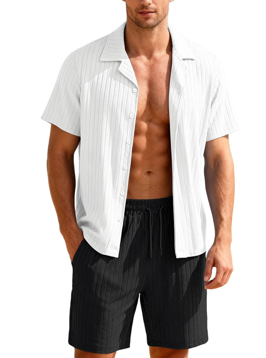 Herren nan geripptes Feinstrick-Lounge-Set mit kurzärmligem Revershemd und Kordelshorts