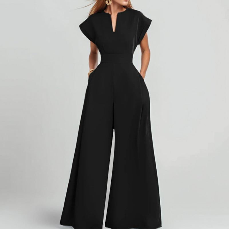 Damen Eleganter Jumpsuit mit Weitem Bein und Schalkragen