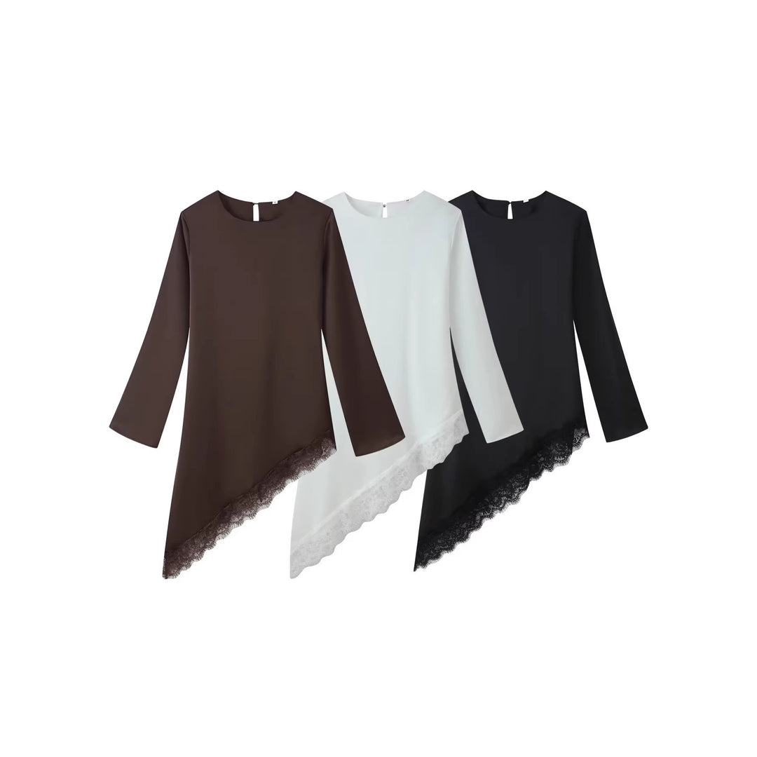 Damen Asymmetrische Langarm-Tunika mit Spitzenbesatz und schrägem Saum Shop Nory