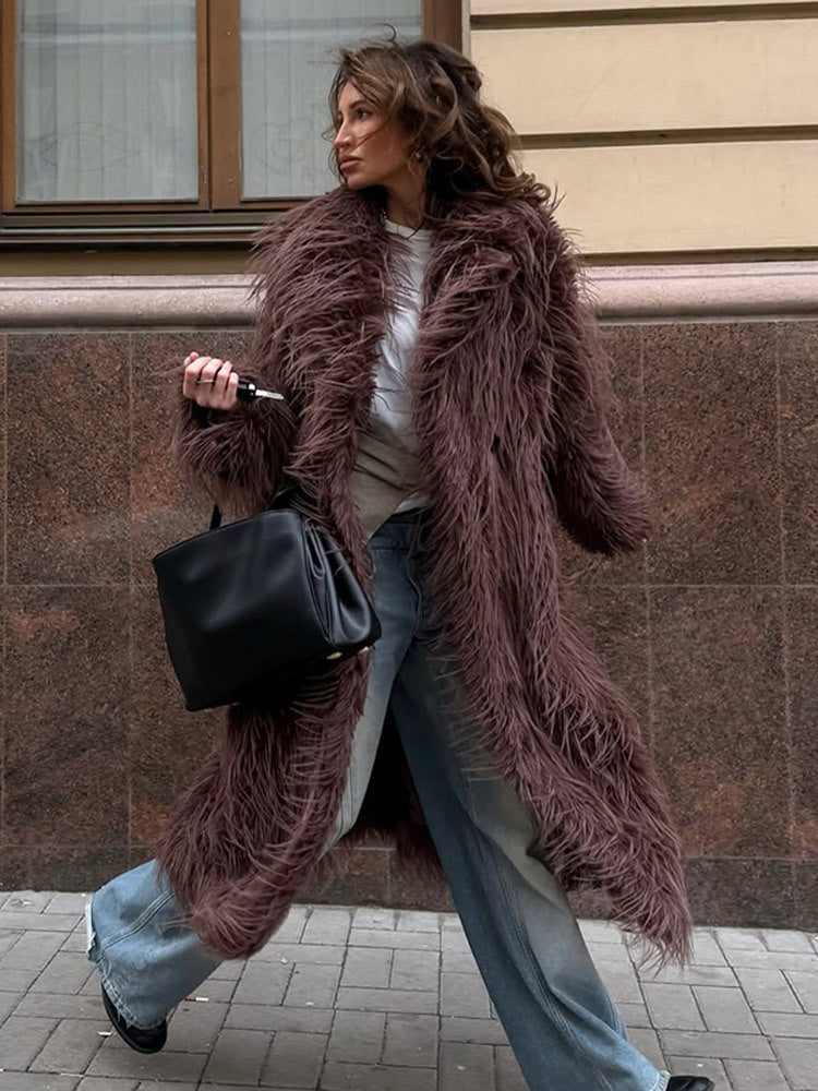 Damen Maxilanger Shaggy Kunstpelz-Mantel mit offenem Schalkragen Shop Nory
