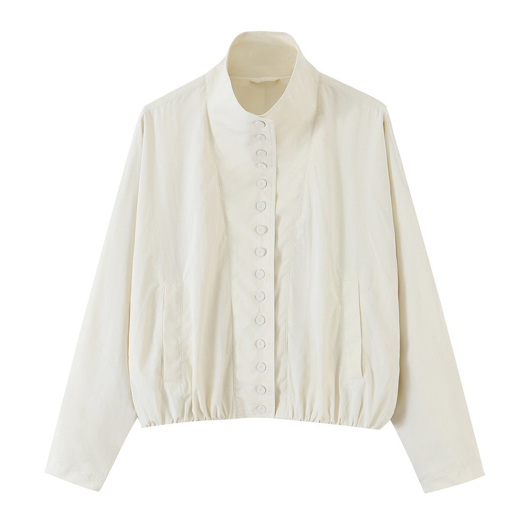 Damen Cropped Blousonjacke mit Stehkragen, durchgehender Zierknopfleiste und elastischem Saum Shop Nory