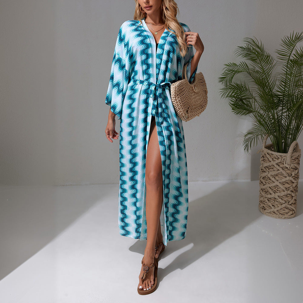 Damen Langer Strandkaftan mit V-Ausschnitt, Taillen-Bindegürtel & hohem Beinschlitz Shop Nory