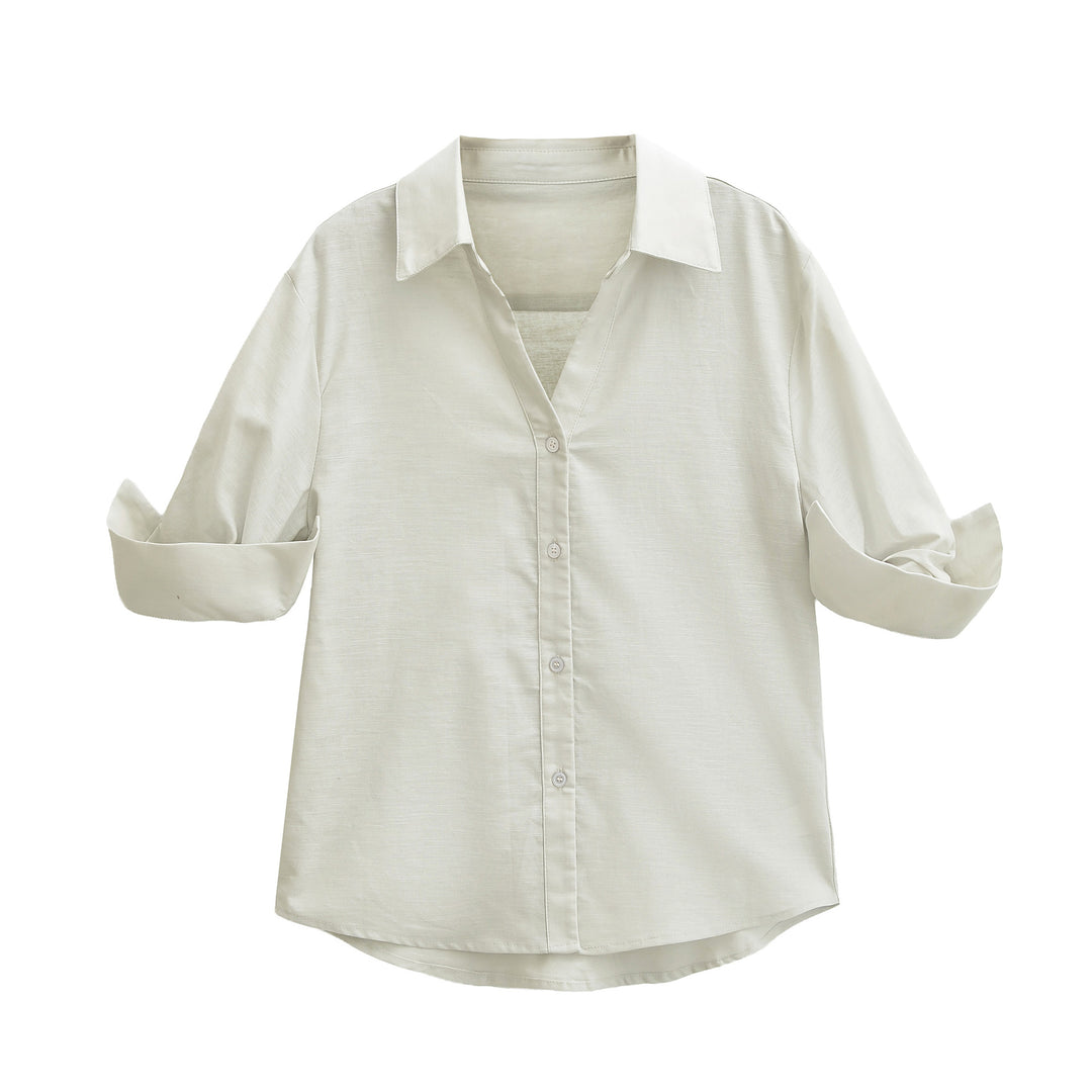 Damen Leichte Oversize Leinenoptik-Bluse mit Kentkragen und krempelbaren Ärmeln Shop Nory