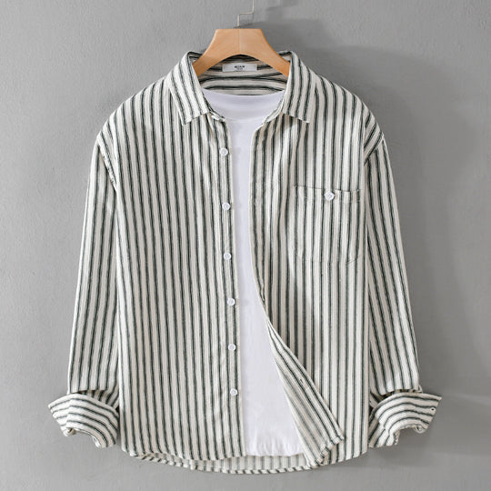 Herren Leichtes gestreiftes Layering-Overshirt aus Leinen-Baumwollmix mit Brusttasche und abgerundetem Saum Shop Nory